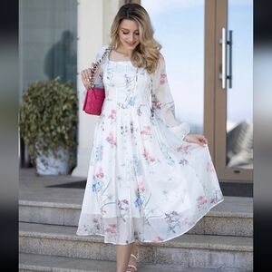 White Floral Midi Dress with Long Sleeves